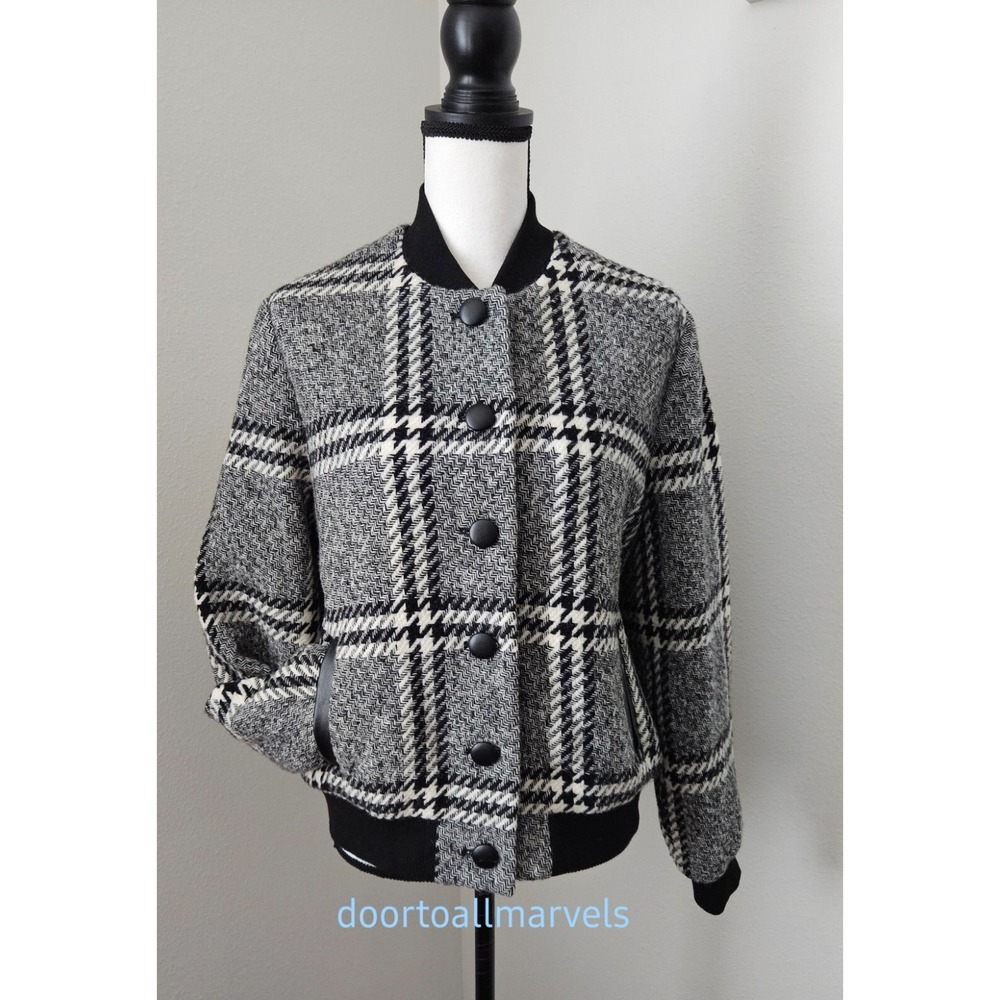 Rachel Zoe Cate Wool Blend Plaid Bomber Jacket Houndstooth Preppy Equestrian 10